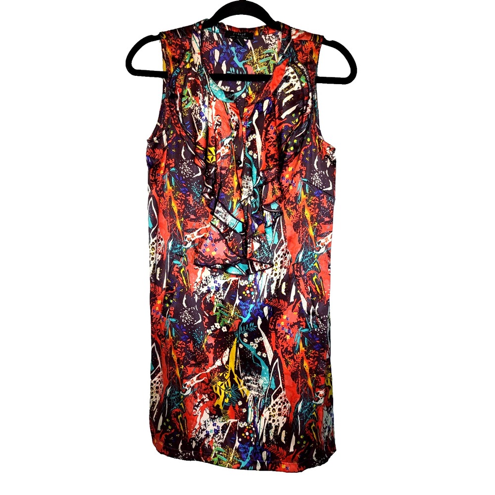 T-Bags Los Angeles Silk Ruffle Button Front Colorful Abstract Dress Size PXS Y2K